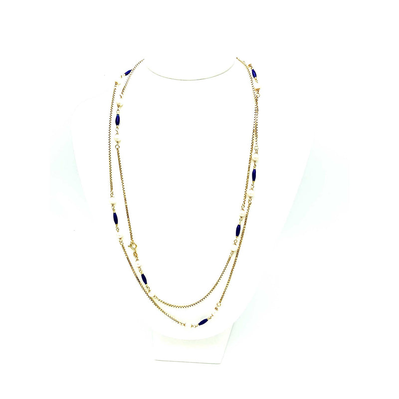Collana in oro giallo 18 ct. 24 gr. 18 Perle Giapponesi e Ovali in oro smaltati blu. 104 cm. Gioiello Secondo tempo